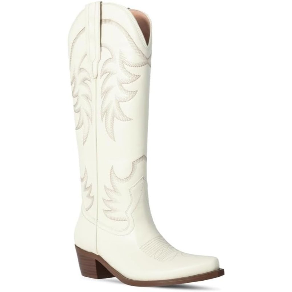 Women's White Knee High Chunky Heel Pointed Toe Wide Calf Pull On Embroidered